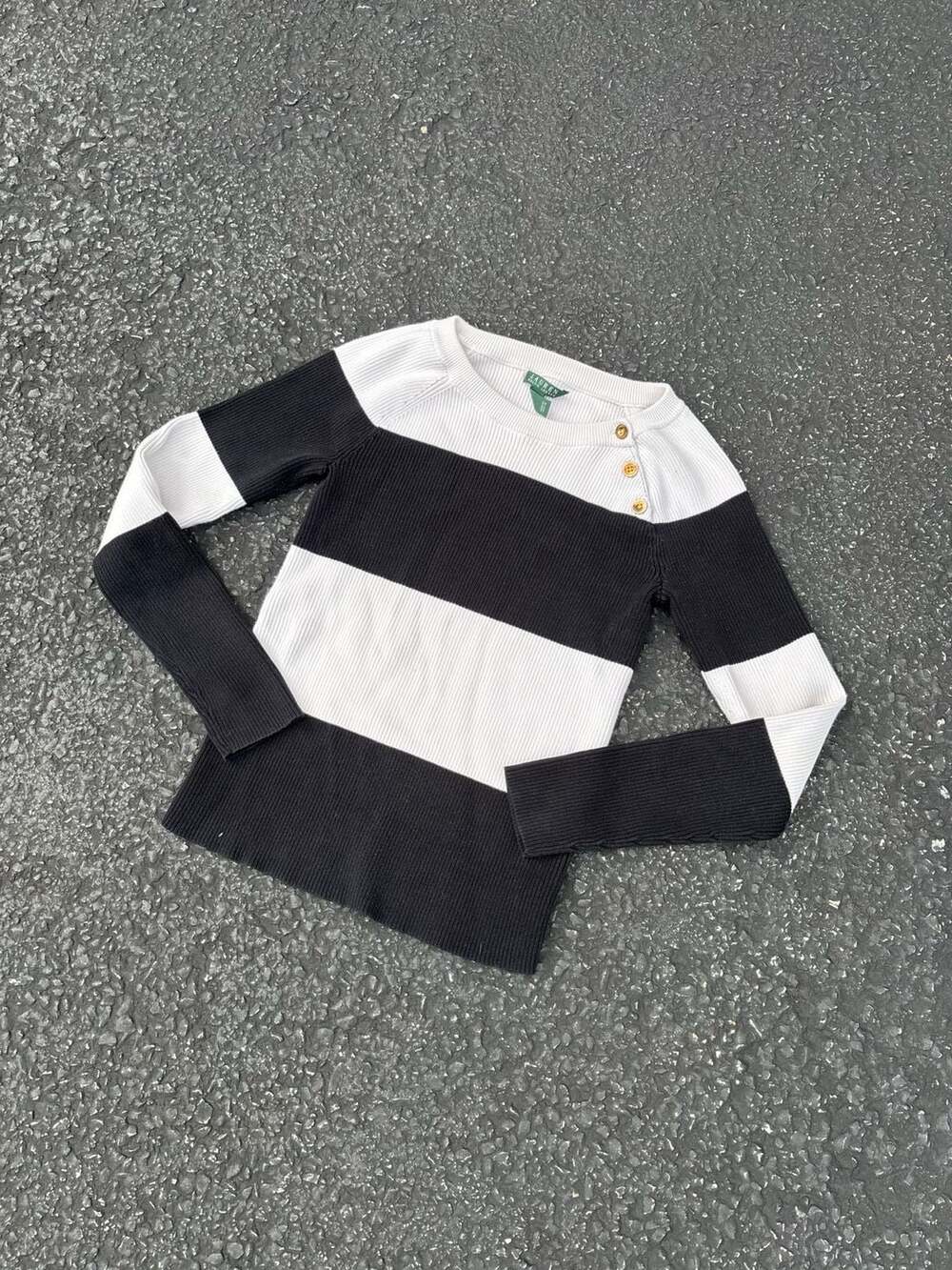 Lauren Ralph Lauren Black and White Striped Button-Trim Cotton Sweater Size L